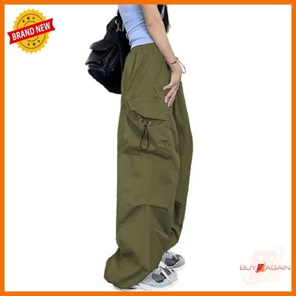 Women's Parachute Cargo Pants Baggy Loose Fit Multi-Pocket Y2K Style - Picture 5 of 8